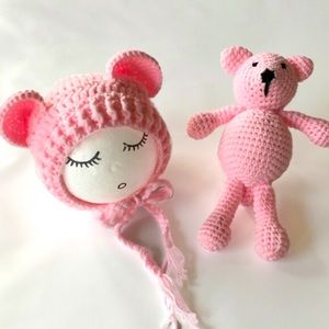 Infant Newborn Girl Photography Prop Photo PINK Crochet Knit Toy Bear w/Hat